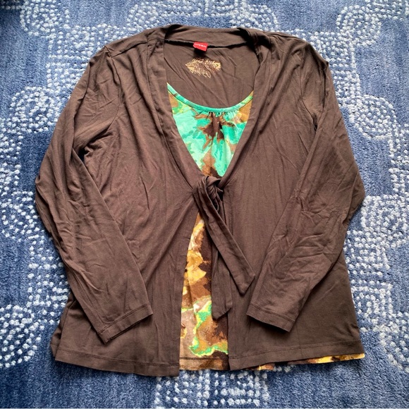 🤎 OLSEN BROWN BLUE GREEN MULTI 2-in1 FRONT TIE LONG SLEEVE PULLOVER TOP! - Picture 7 of 13
